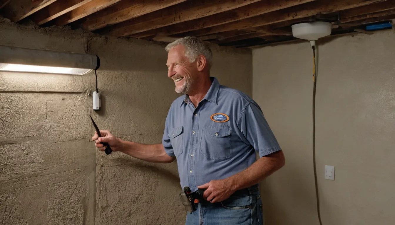 Friendly pest control provider showing a homeowner a mud tube on a basement foundation wall in a Arlington Heights home